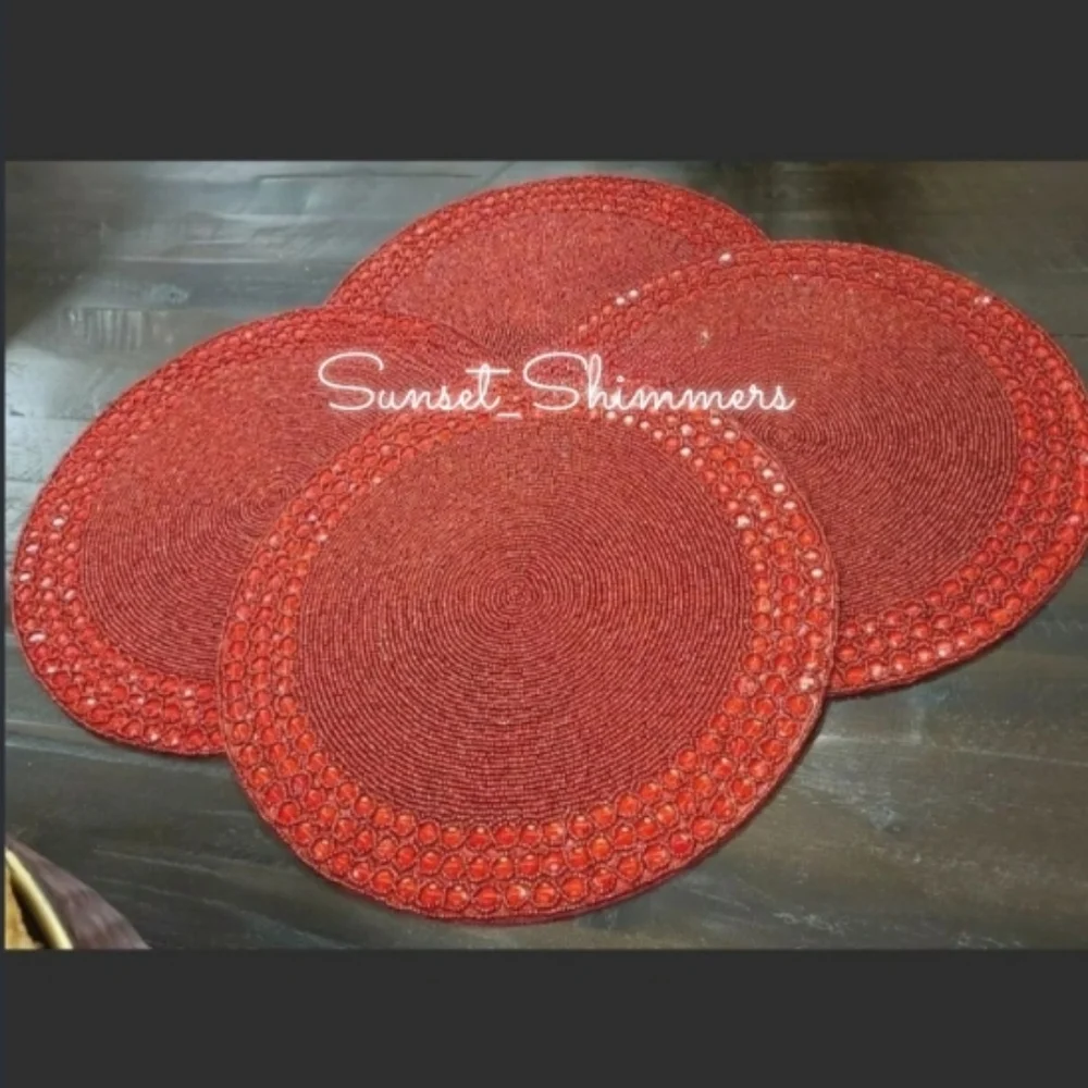 4 TAHARI Vampire Red Jeweled Glass Beaded Charger Placemats 15” Round NEW